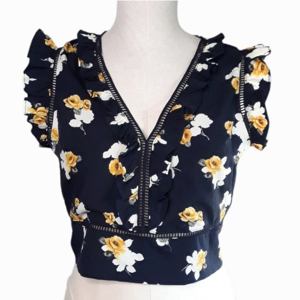 J.O.A. Blue and White Sleeveless Ruffled Crop Blouse